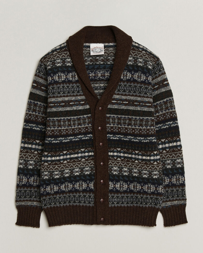 Jamieson's of Shetland Jamiesons Of Shetland All Over Fair Isle Shawl Collar Cardigan Brown – Brun