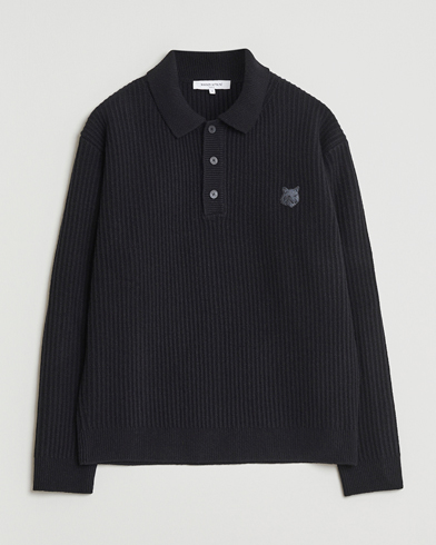 Maison Kitsuné Tonal Fox Head Wool Ribbed Polo Black – Svart
