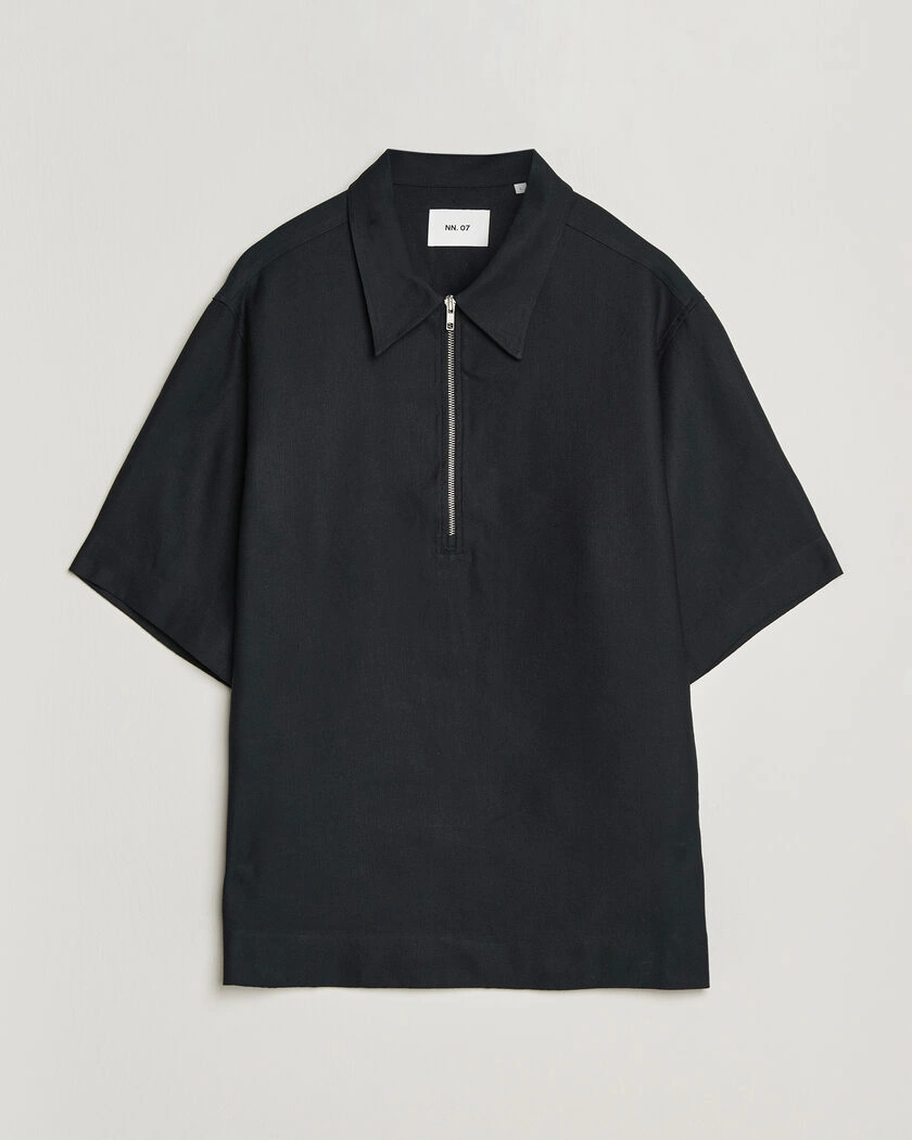 NN07 Bruno Linen/Viscose Half Zip Polo Black – Svart
