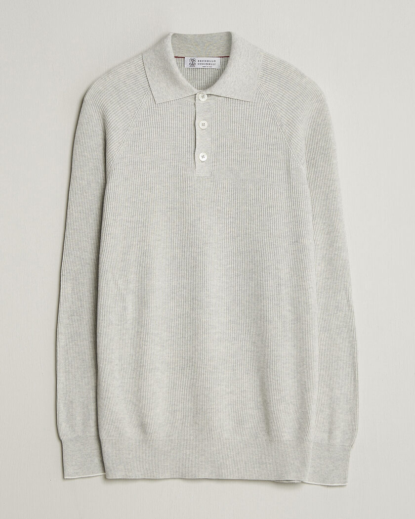 Brunello Cucinelli Cotton Rib Knitted Long Sleeve Polo Light Grey – Grå