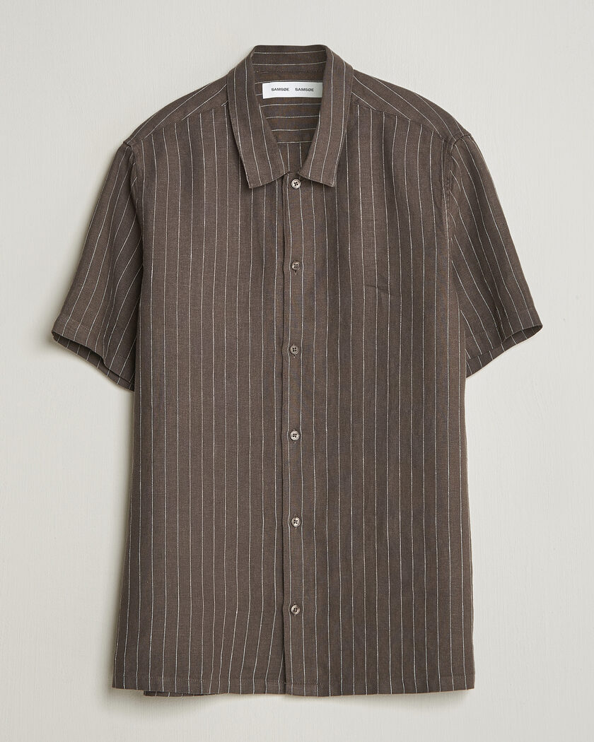 Samsøe Samsøe Avan Linen Striped Short Sleeve Shirt Black Olive – Grønn