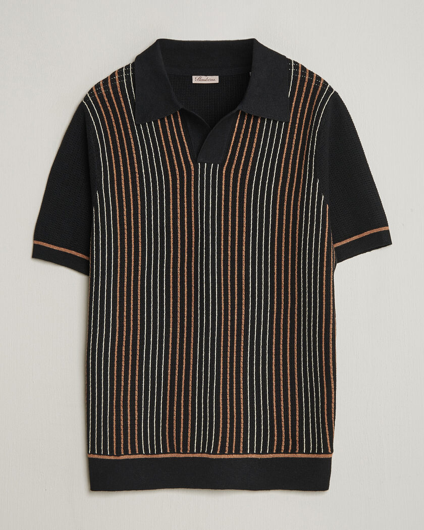 Stenströms Knitted Stripe Hemp/Cotton Polo Black – Flerfarget