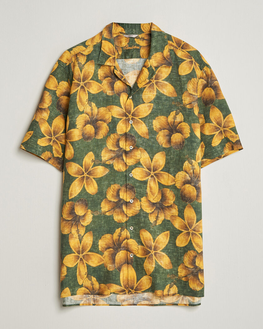 Stenströms Flower Printed Short Sleeve Linen Shirt Green – Grønn