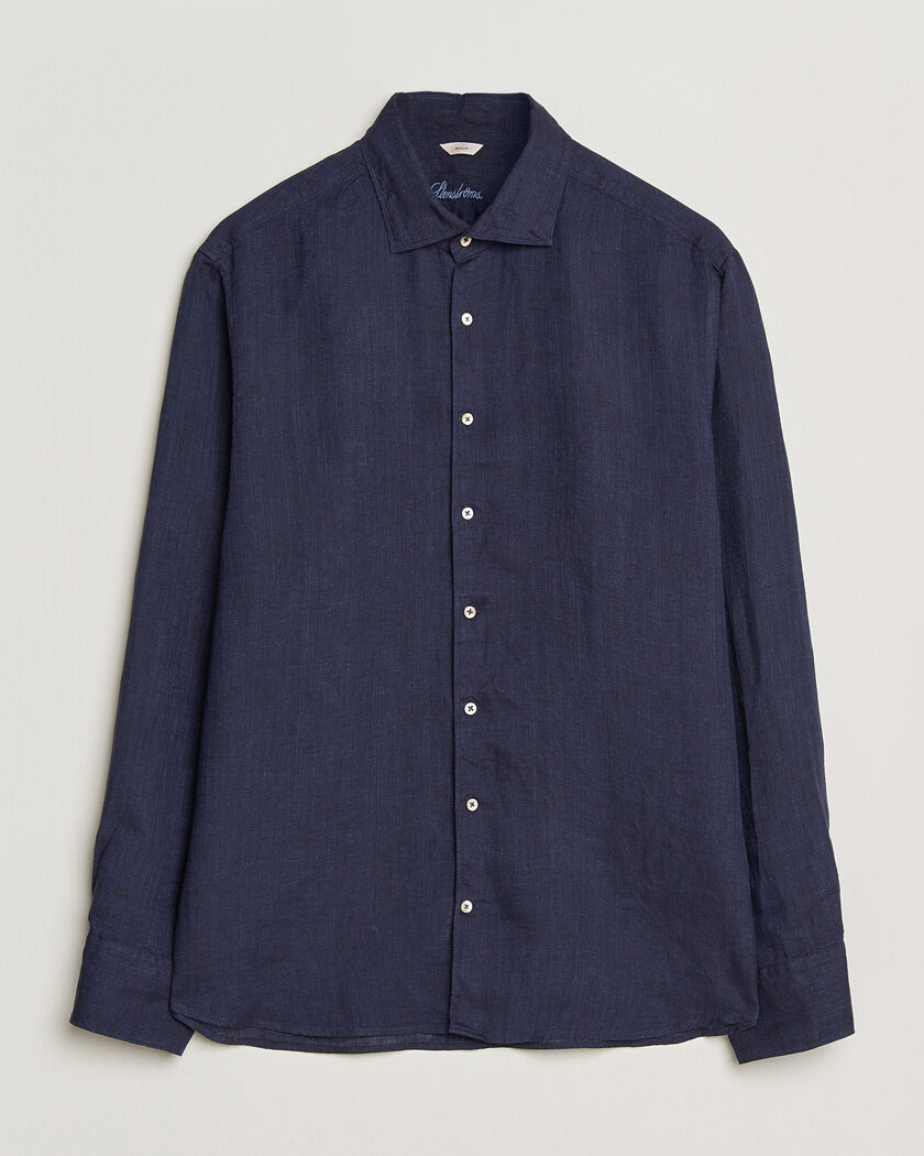 Stenströms Regular Fit Cut Away Linen Shirt Navy – Blå