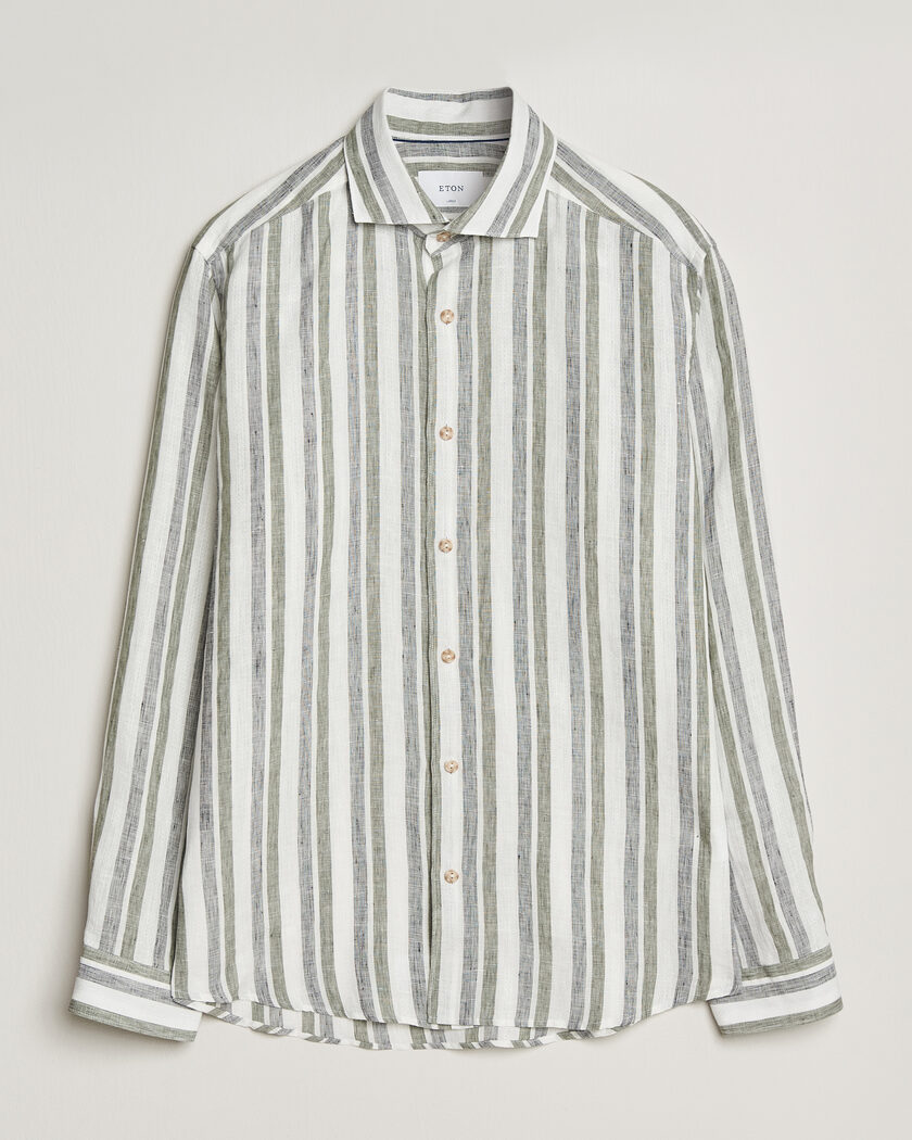 Eton Casual Fit Striped Linen Shirt Dark Green – Grønn