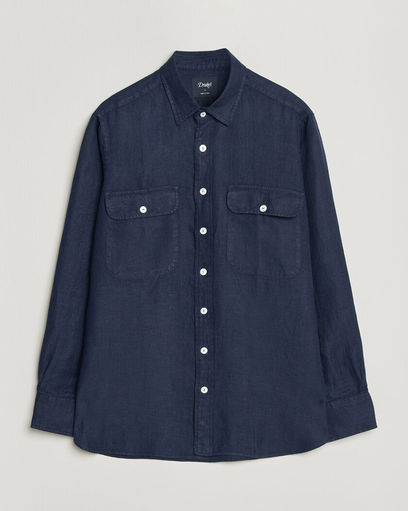 Drake's Linen Twill Deep Pocket Work Shirt Navy – Blå