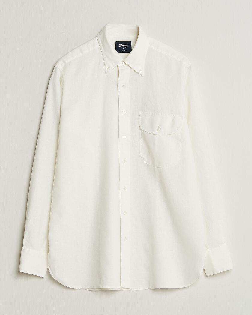 Drake's Linen Button Down Curved Pocket Shirt White – Hvit
