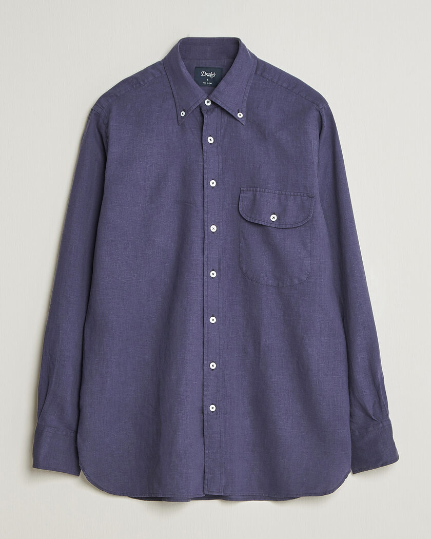 Drake's Linen Button Down Curved Pocket Shirt Navy – Blå