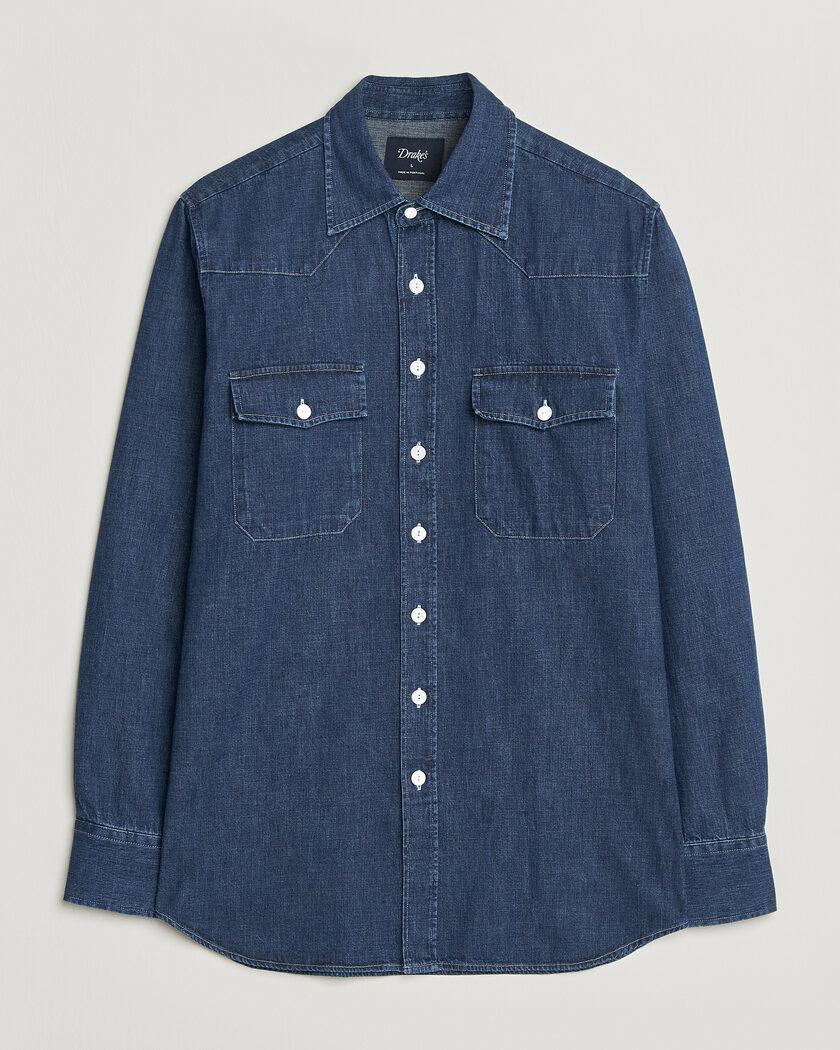 Drake's Light Denim Western Shirt Stone Wash – Blå