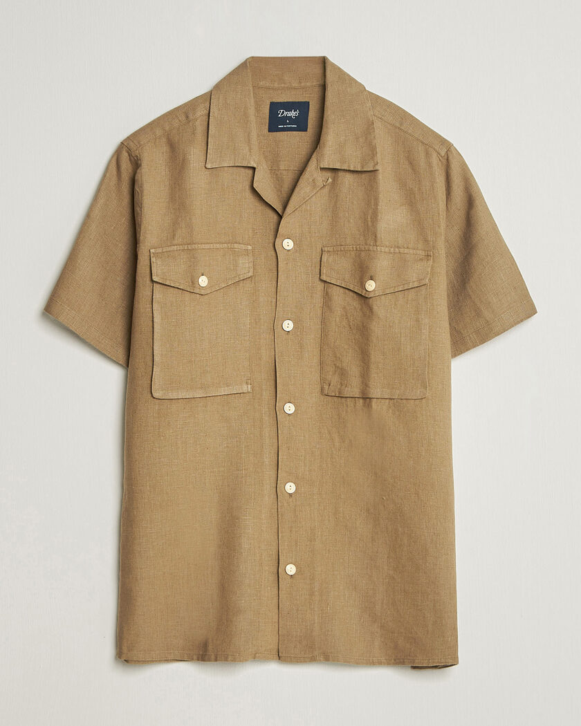 Drake's Military Short Sleeve Camp Collar Shirt Khaki – Brun