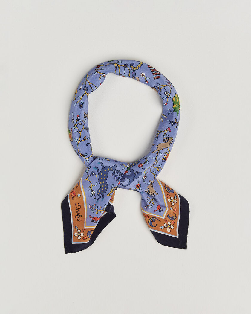 Drake's Animals And Flowers Print Crepe Silk Bandana Navy – Blå