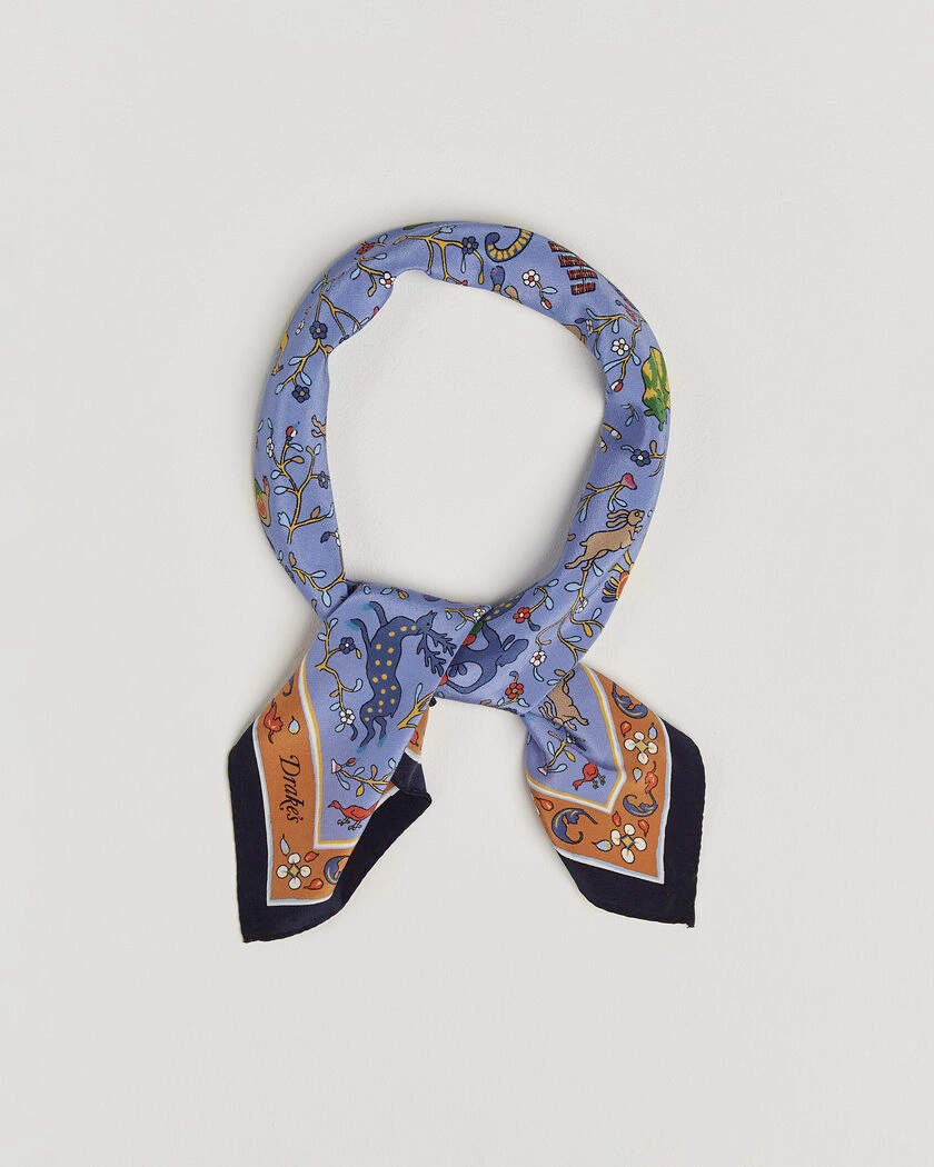 Drake's Animals And Flowers Print Crepe Silk Bandana Blue – Blå