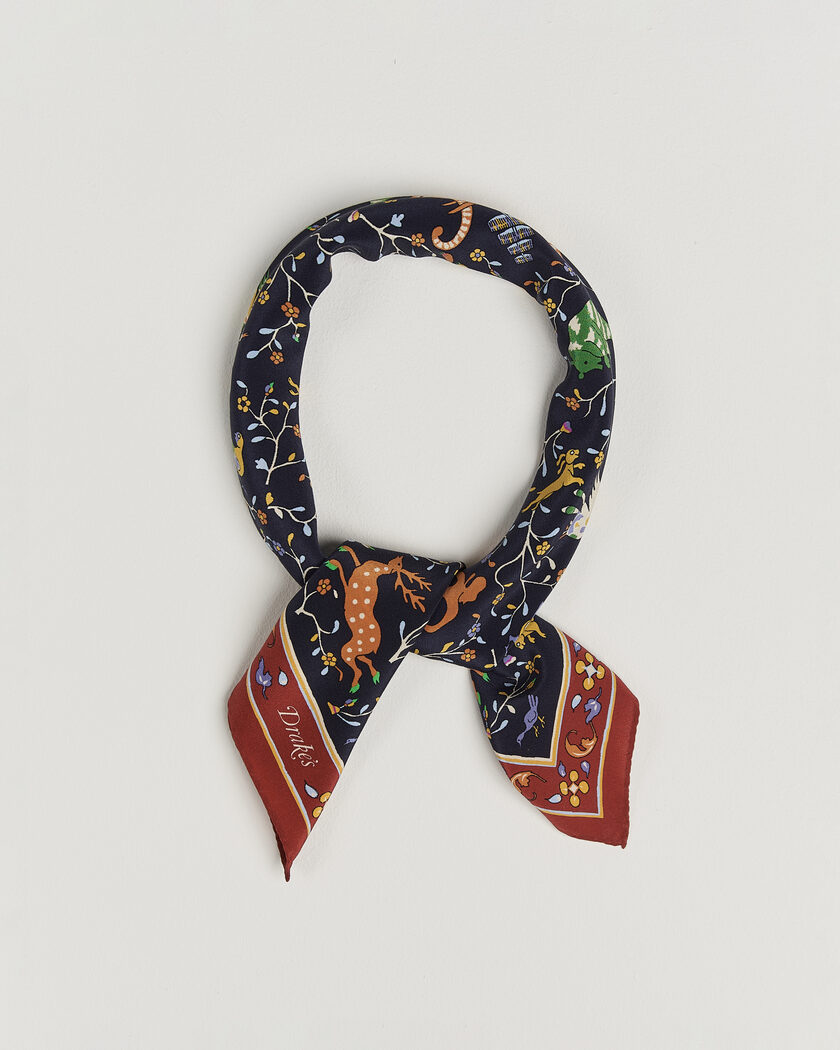Drake's Animals And Flowers Print Crepe Silk Bandana Blue – Blå