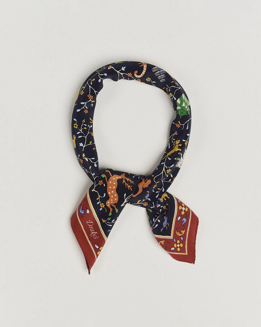 Drake's Animals And Flowers Print Crepe Silk Bandana Navy – Blå