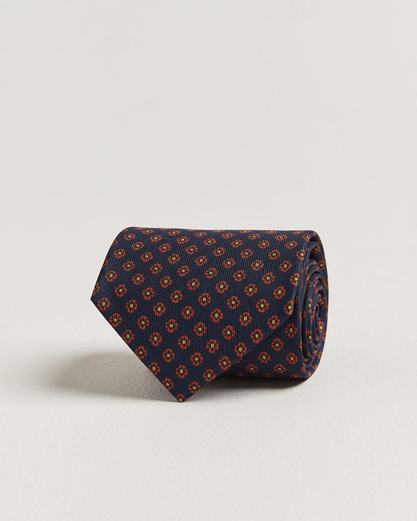 Drake's Square Flowers Pattern Silk Tie Navy – Blå