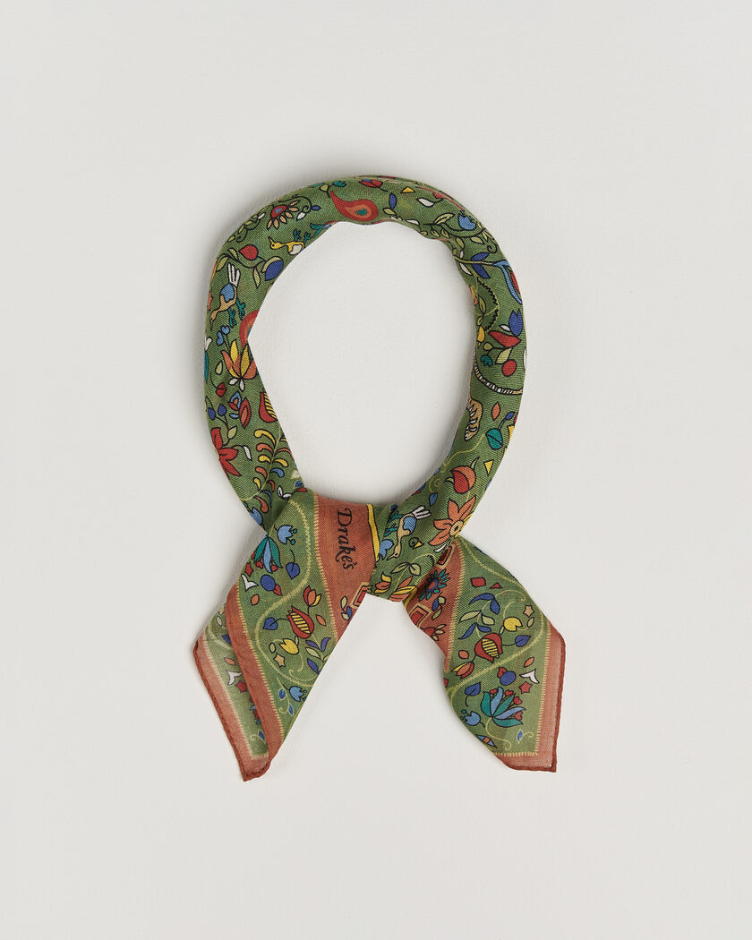 Drake's Tiger Garden Wool/Silk Bandana Green – Grønn
