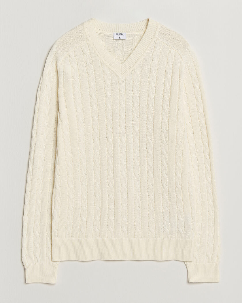 Filippa K Cotton Cable V-Neck Sweater Calico White – Hvit