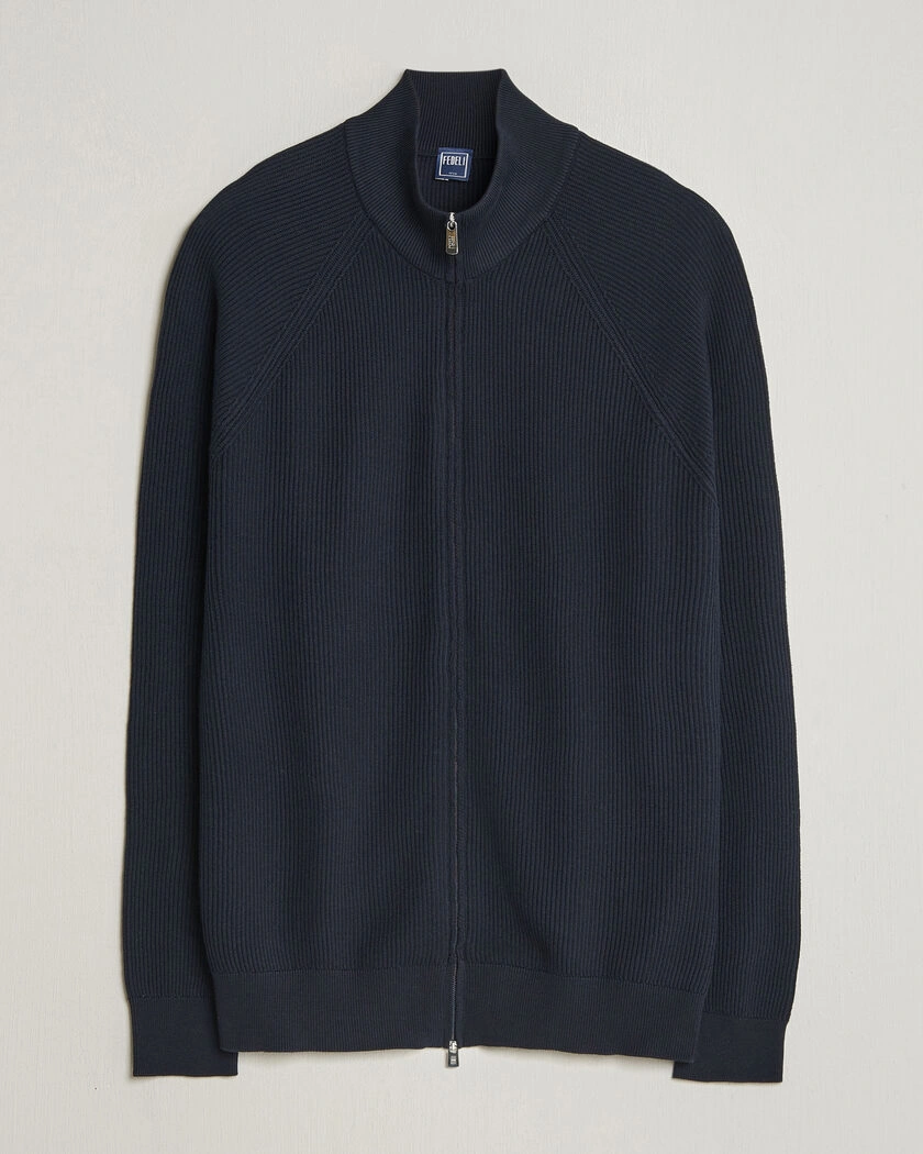 Fedeli Giza Cotton Full Zip Sweater Navy – Blå