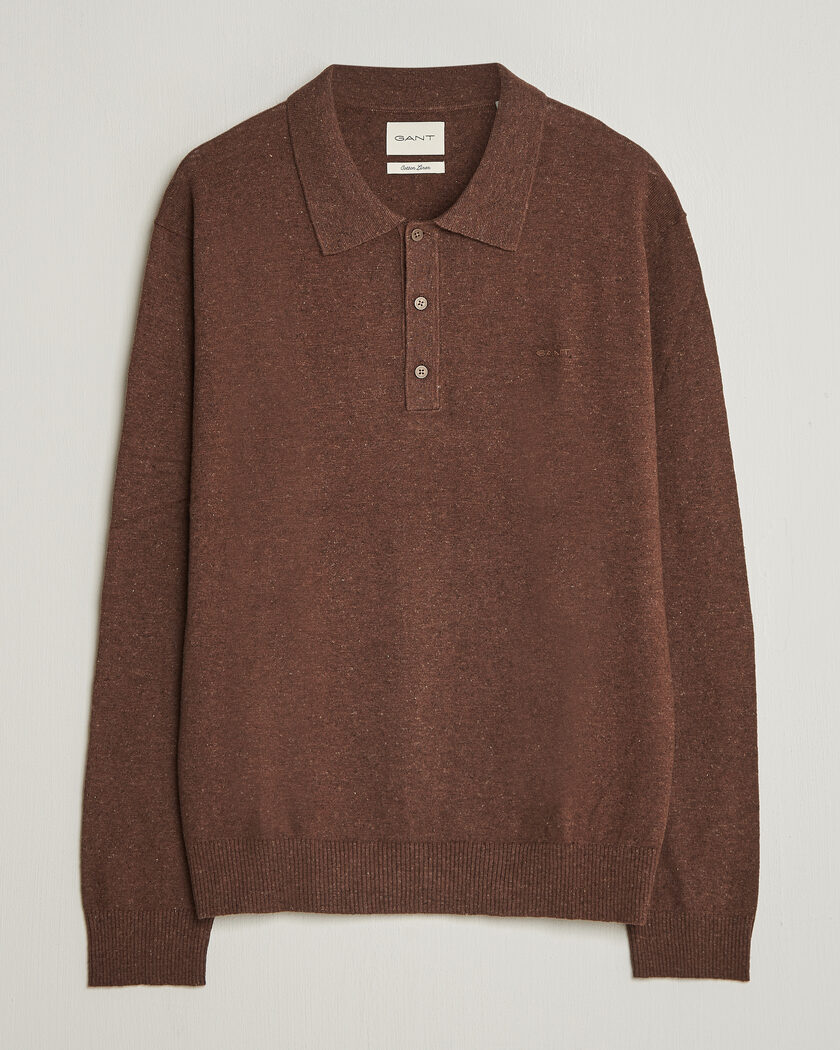 Gant Cotton/Linen Slub Knitted Polo Hazelnut Melange – Brun