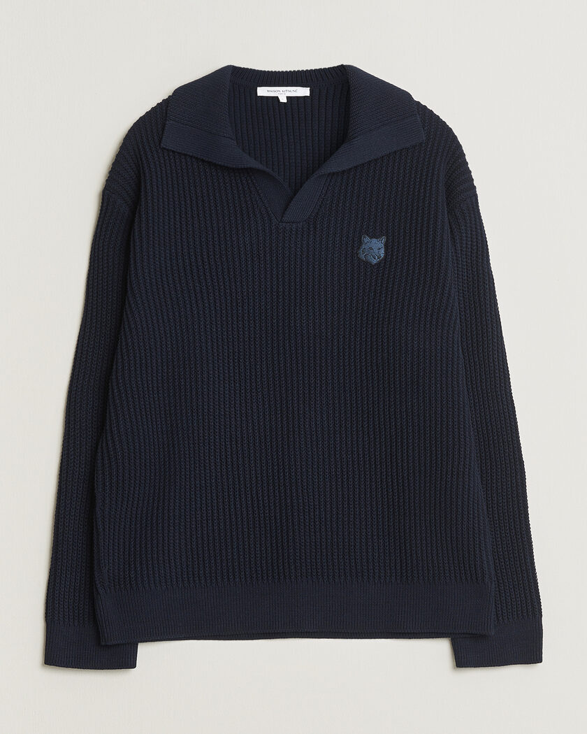 Maison Kitsuné Tonal Fox Head Rib Knitted Polo Navy – Blå
