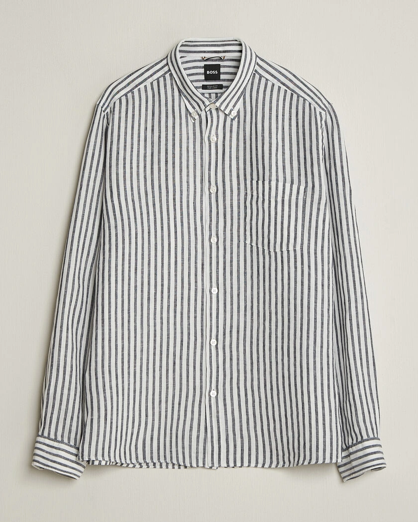 BOSS BLACK Liam Striped Linen Shirt Dark Blue – Blå