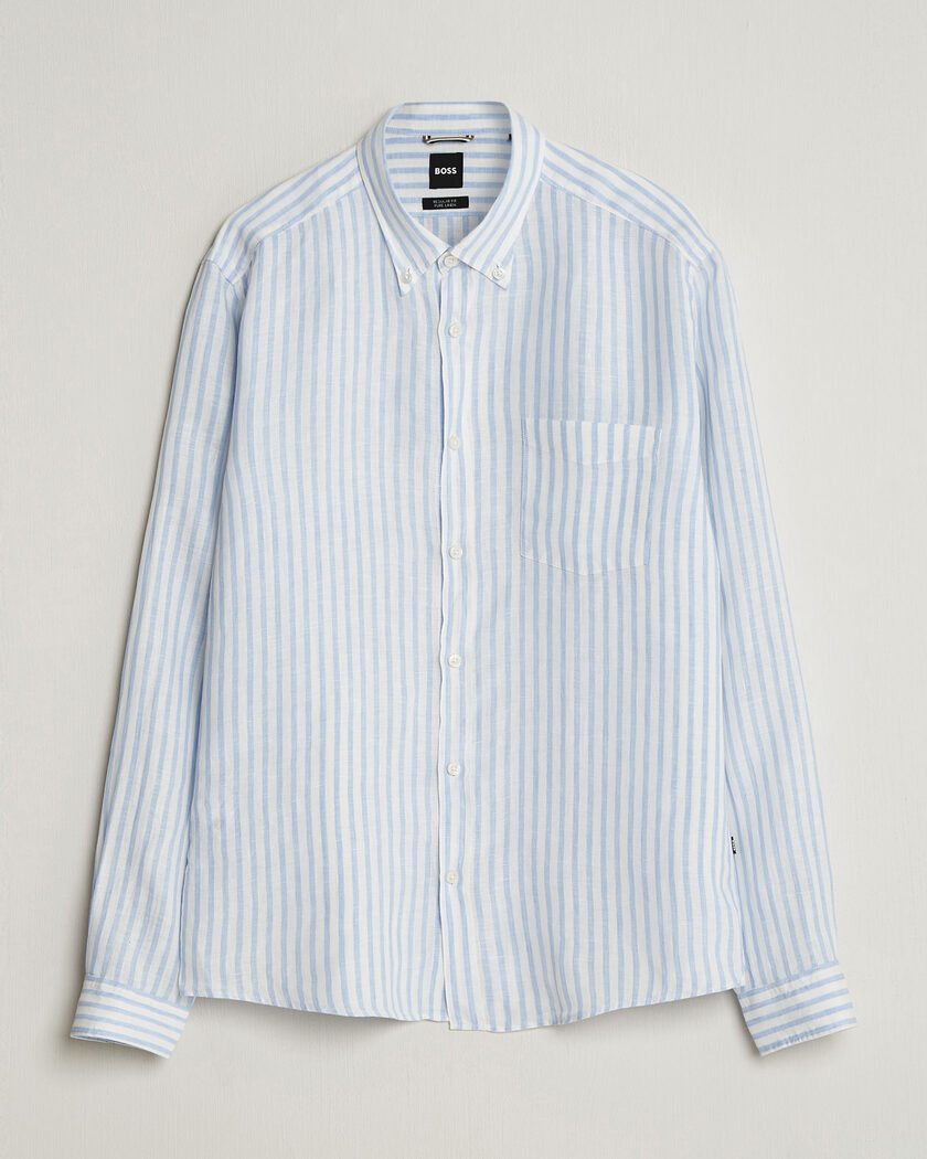 BOSS BLACK Liam Striped Linen Shirt Light Blue – Blå