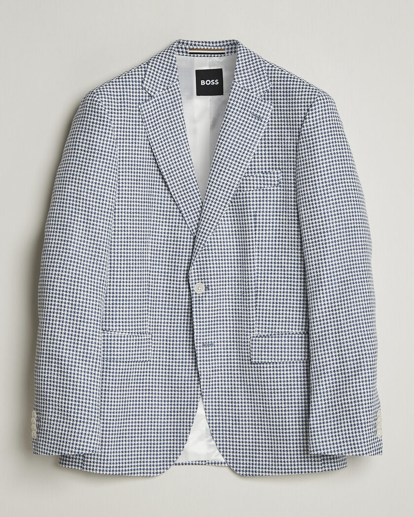 BOSS BLACK Hutson Linen/Cotton Houndstooth Blazer Open Blue – Blå