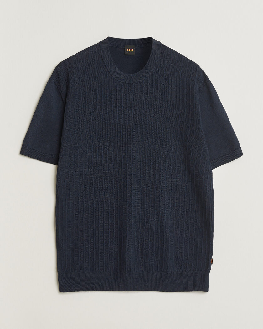 BOSS ORANGE Kajordino Linen/Cotton Knitted T-Shirt Dark Blue – Blå