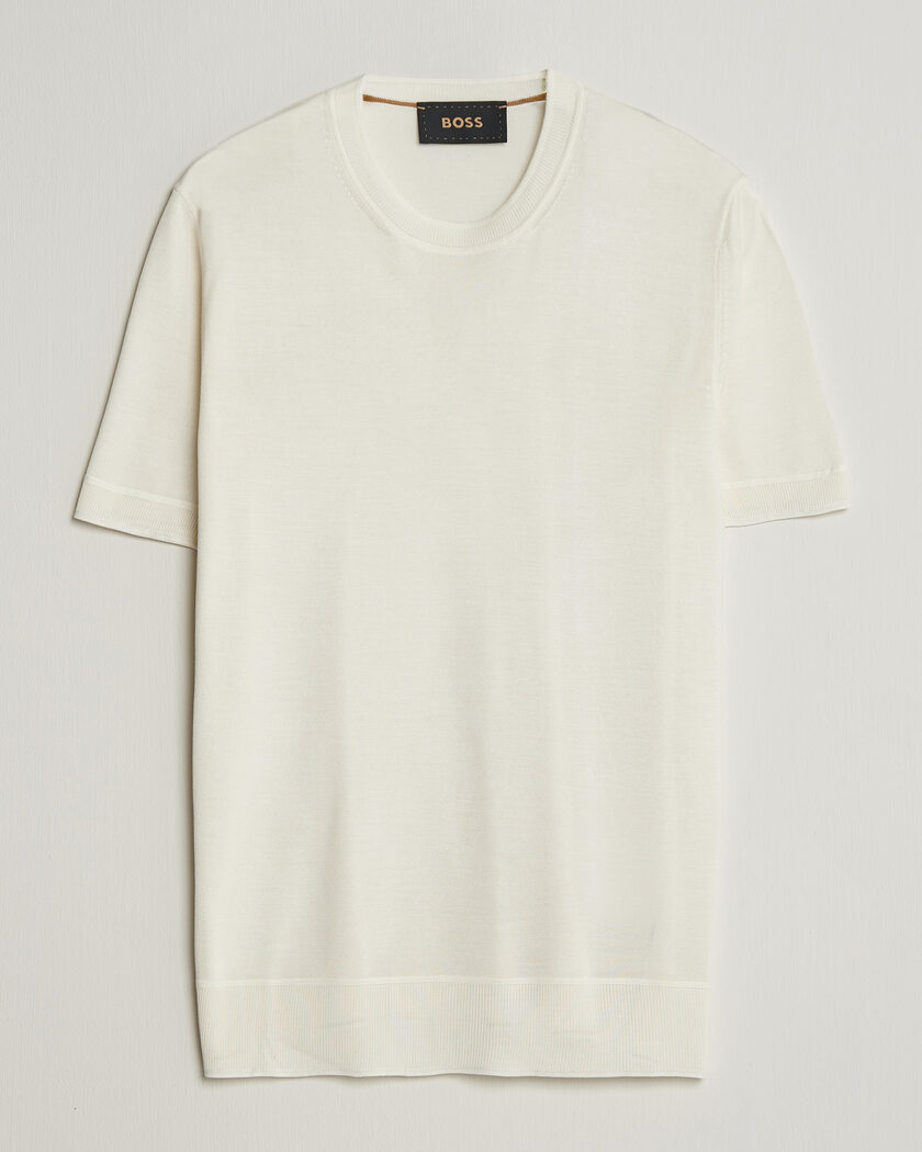 BOSS CAMEL Nottano Silk Knitted T-Shirt Open White – Hvit