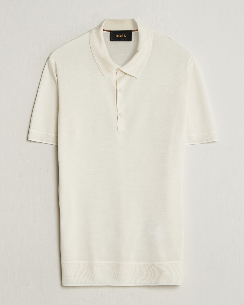 BOSS CAMEL Novo Silk Knitted Polo Open White – Hvit