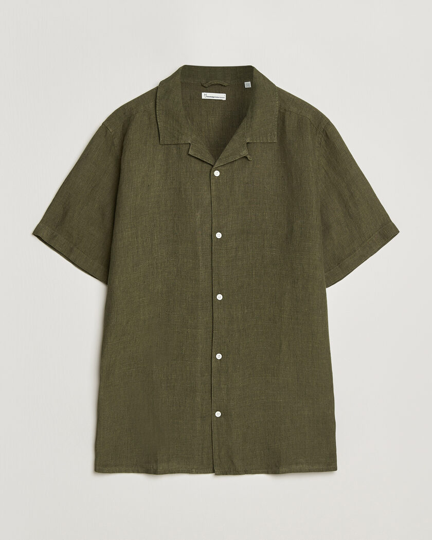 KnowledgeCotton Apparel Short Sleeve Linen Resort Shirt Burnt Olive – Grønn