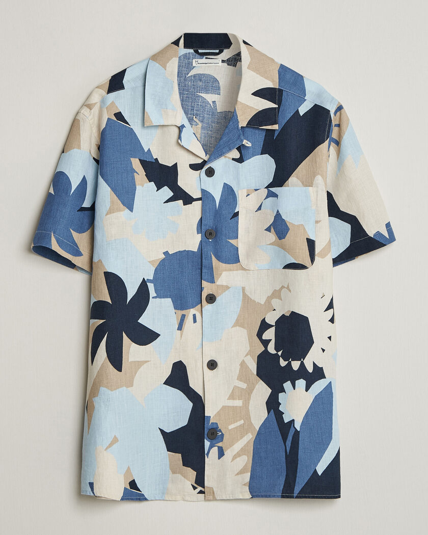 KnowledgeCotton Apparel Relaxed Printed Linen Short Sleeve Shirt Blue – Blå