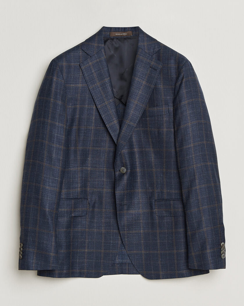 Oscar Jacobson Ferry Patch Loro Piana Summertime Checked Blazer Navy – Blå