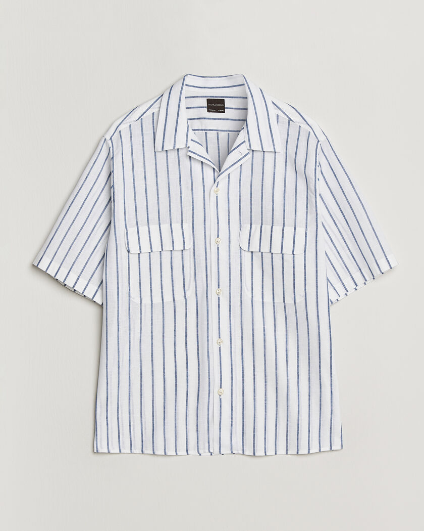 Oscar Jacobson Striped Short Sleeve Linen Shirt Navy/White – Hvit