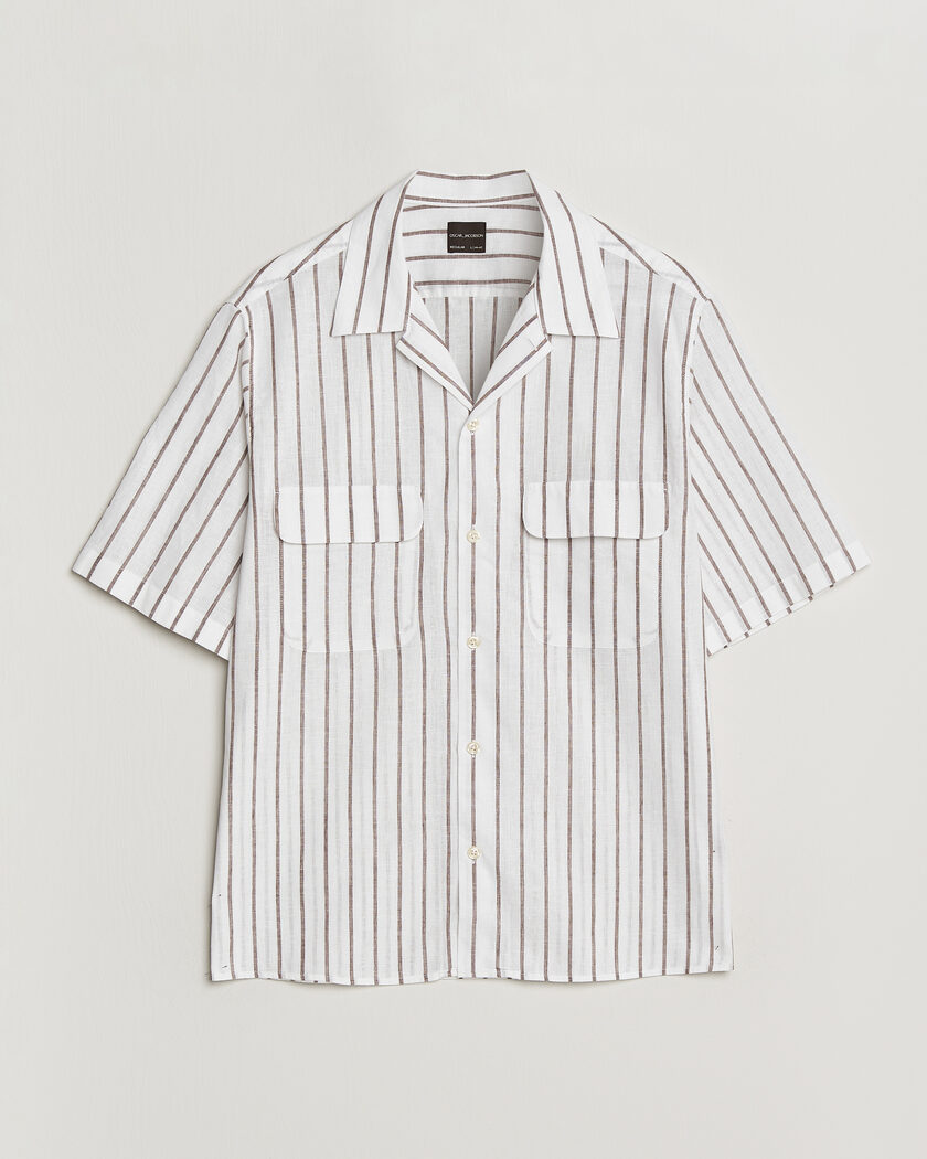 Oscar Jacobson Striped Short Sleeve Linen Shirt Brown/White – Hvit