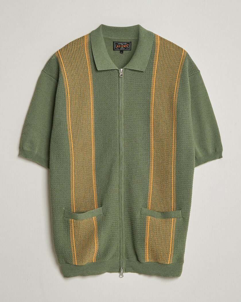 BEAMS PLUS Zip Knit Striped Polo Olive – Flerfarget