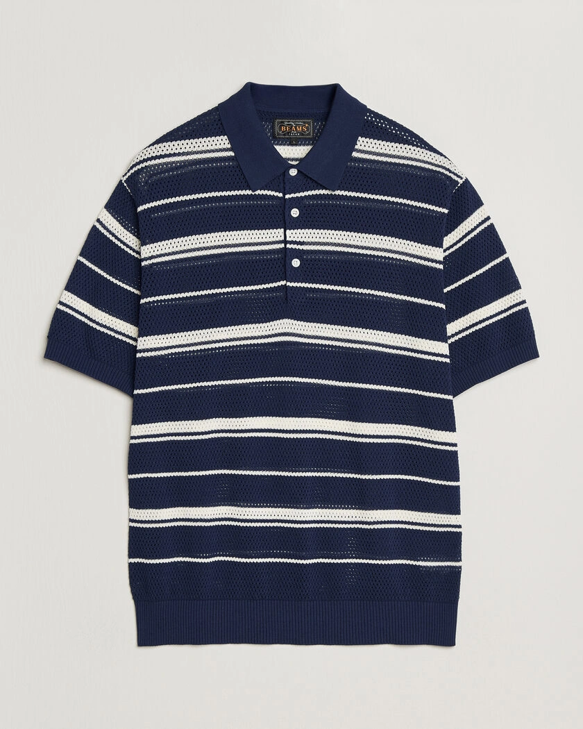 BEAMS PLUS Short Sleeve Mesh Knit Polo Navy – Blå