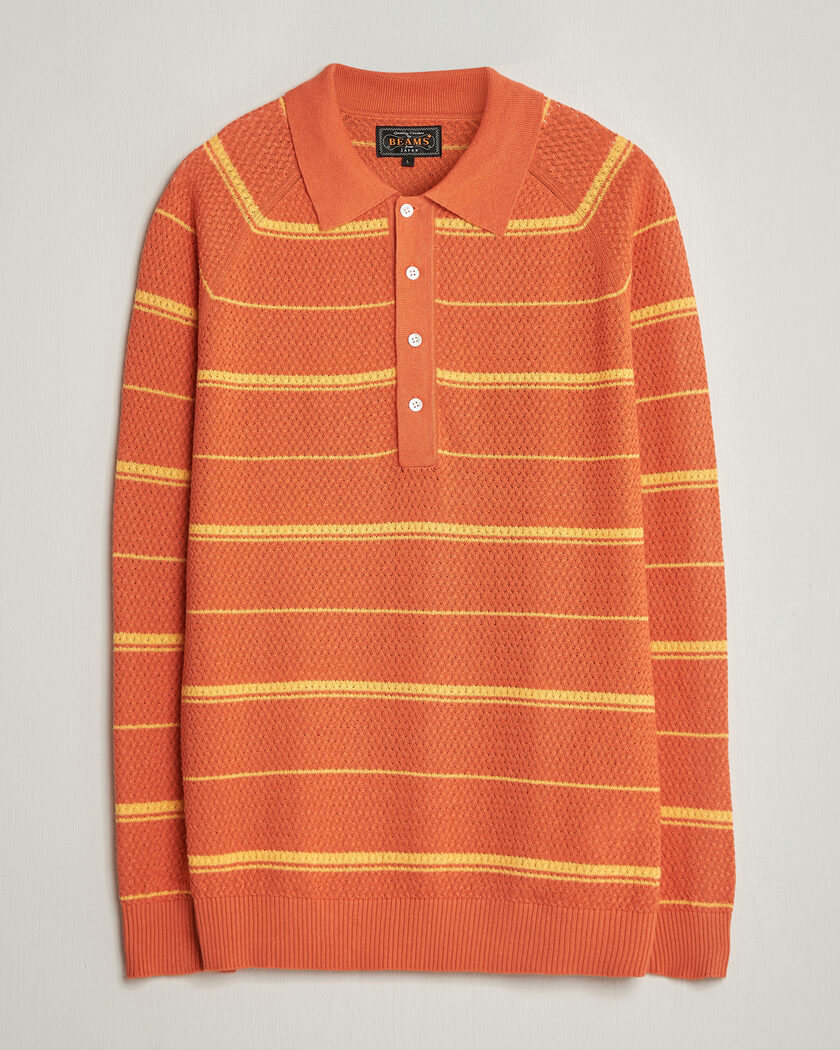 BEAMS PLUS Long Sleeve Knit Polo Orange Stripe – Oransje