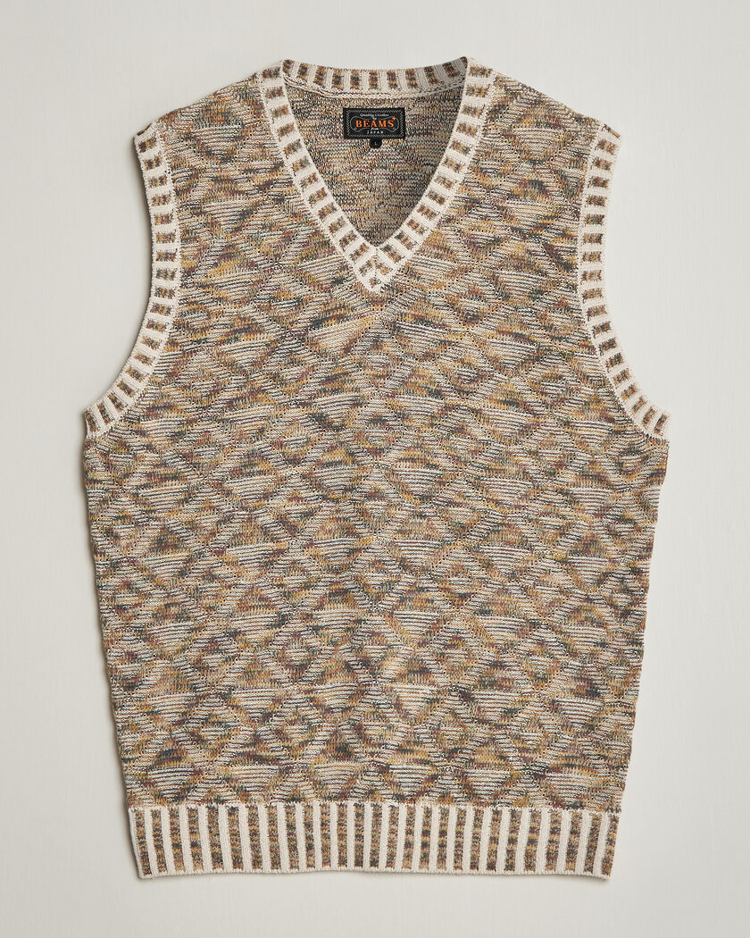 BEAMS PLUS Kasuri Jacquard Knit Vest Beige – Flerfarget