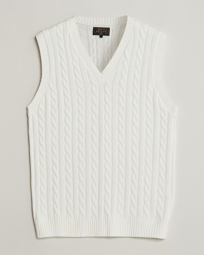 BEAMS PLUS Cable Knit Vest White – Hvit