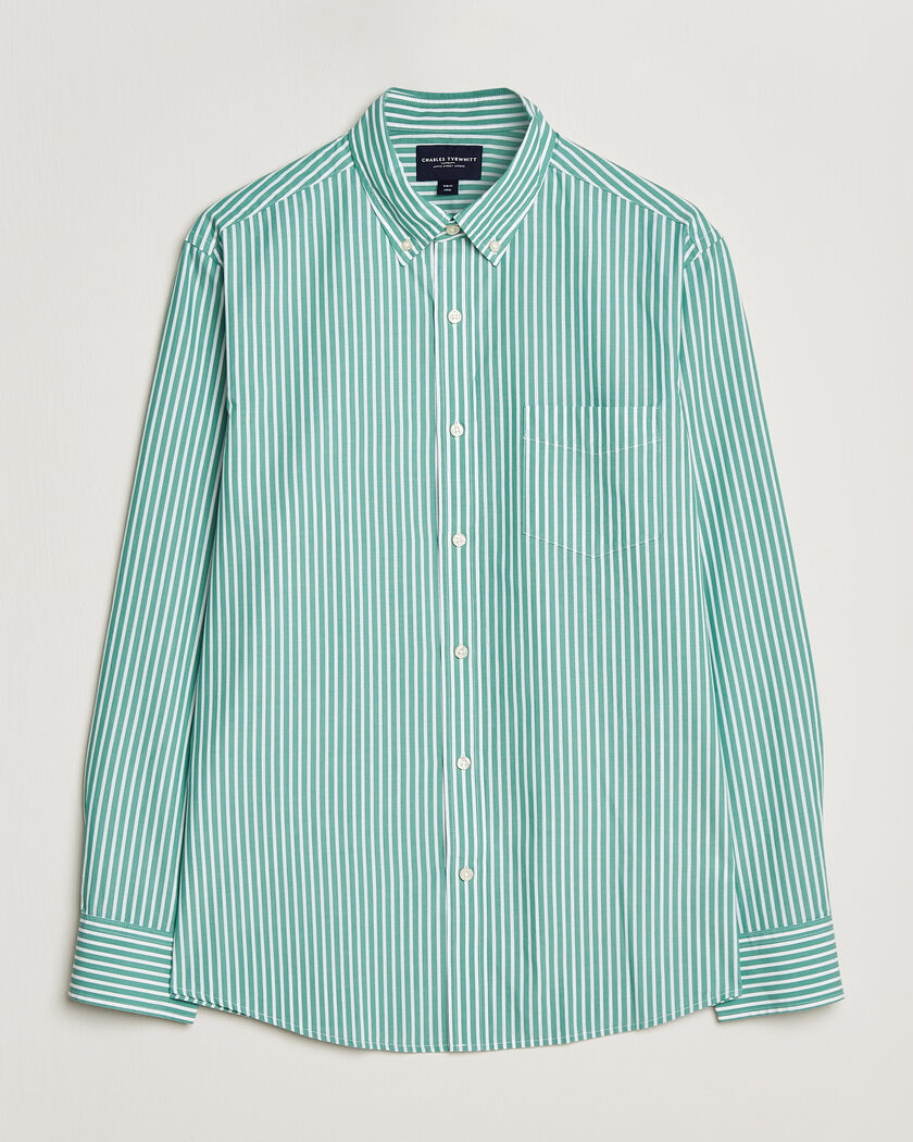 Charles Tyrwhitt Button Down Stretch Poplin Shirt Green Stripe – Grønn
