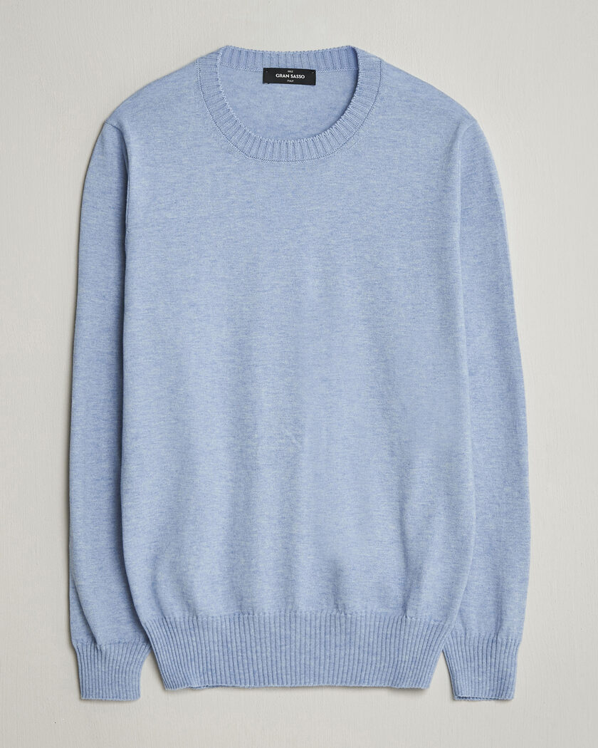 Gran Sasso Cotton/Cashmere Knitted Crew Neck Sweater Blue Melange – Blå