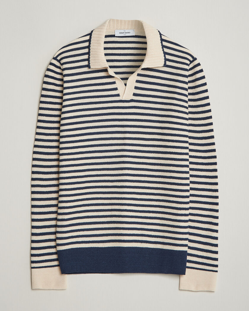 Gran Sasso Linen/Cotton Knitted Striped Polo Navy/White – Flerfarget
