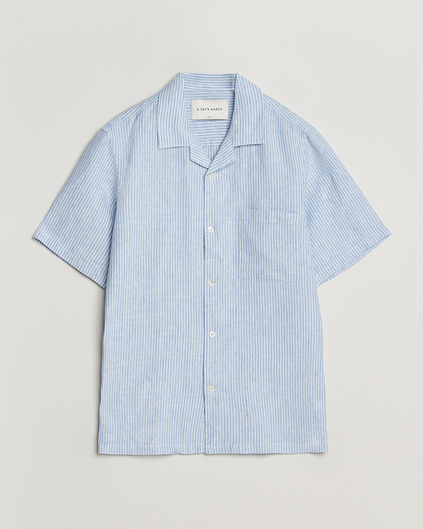 A Day's March Yamu Striped Linen Short Sleeve Shirt Light Blue – Blå