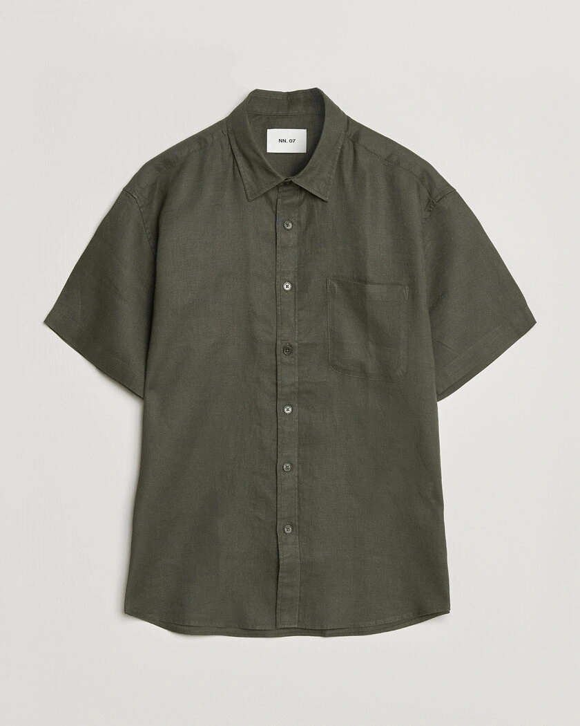 NN07 Deon Linen Short Sleeve Shirt Dark Army – Grønn