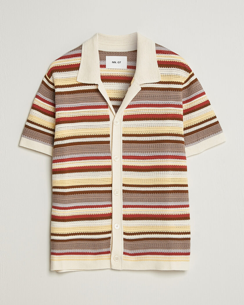 NN07 Lars Striped Knitted Short Sleeve Shirt Ivory Multi – Flerfarget