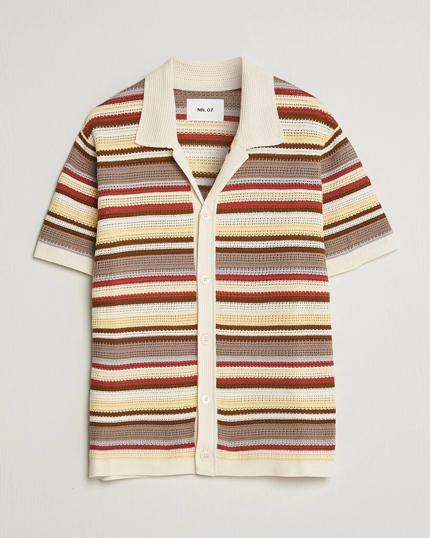 NN07 Lars Striped Knitted Short Sleeve Shirt Ivory Multi – Flerfarget