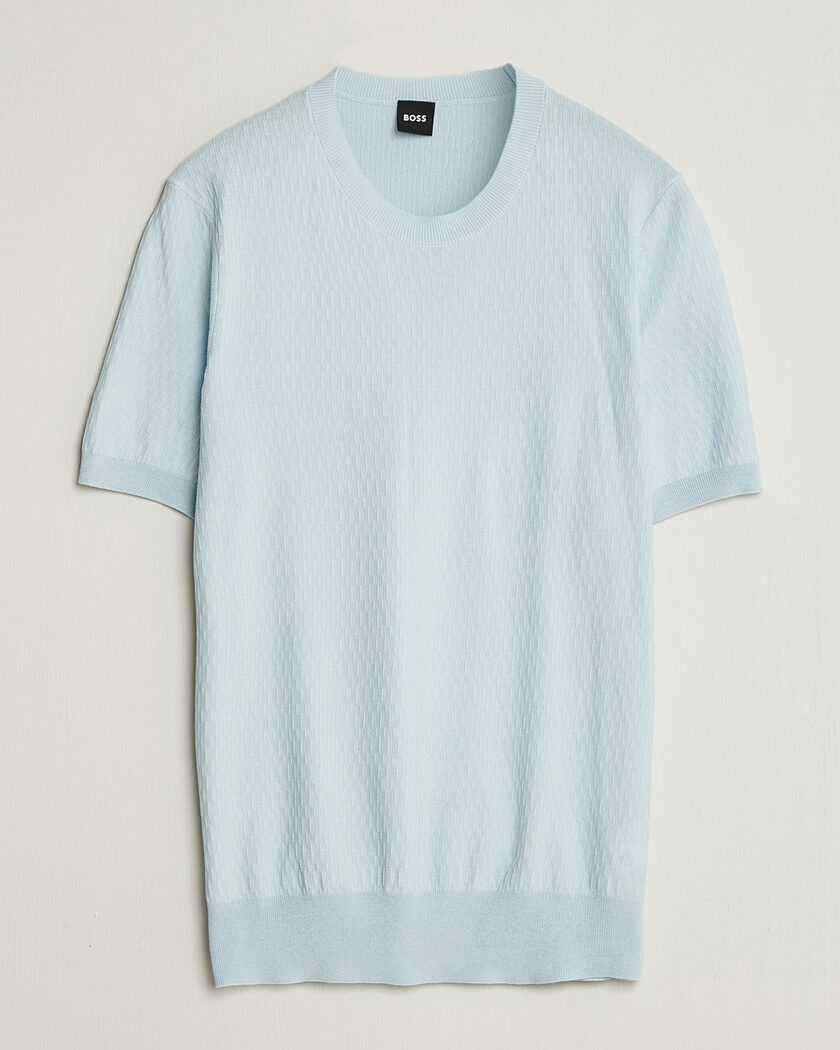 BOSS BLACK Laruso Structured Knitted T-Shirt Open Blue – Blå