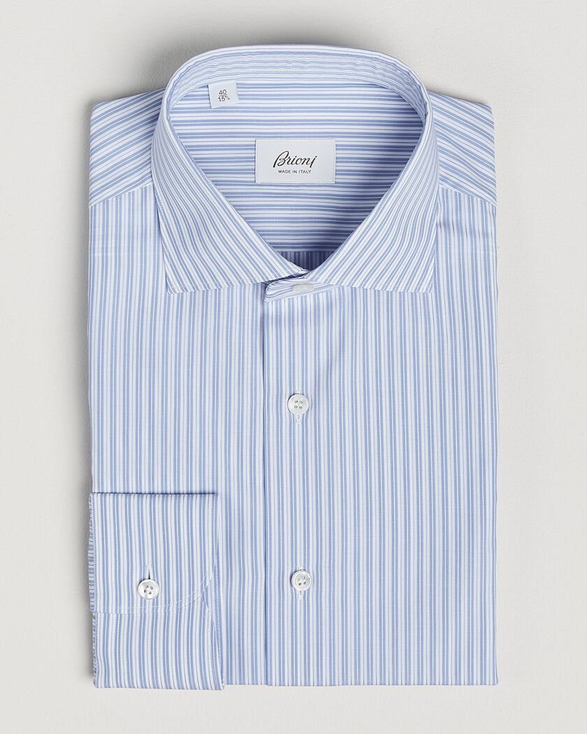 Brioni Poplin Cotton Dress Shirt Light Blue Stripe – Blå