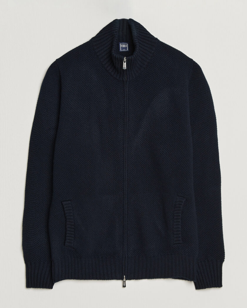  Fedeli Wool/Cashmere Honeycomb Full Zip Navy – Blå